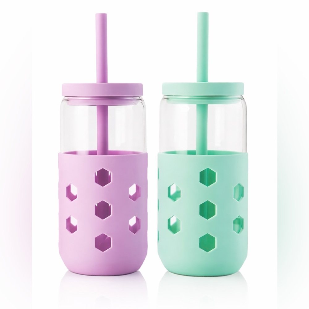 Two Glass Tumblers | Silicone Sleeve Straw Lid | Jars
